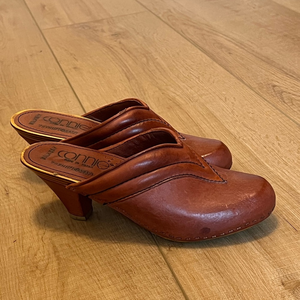 1970’s Connie Leather Heeled Clog Slip on with Wooden Heel